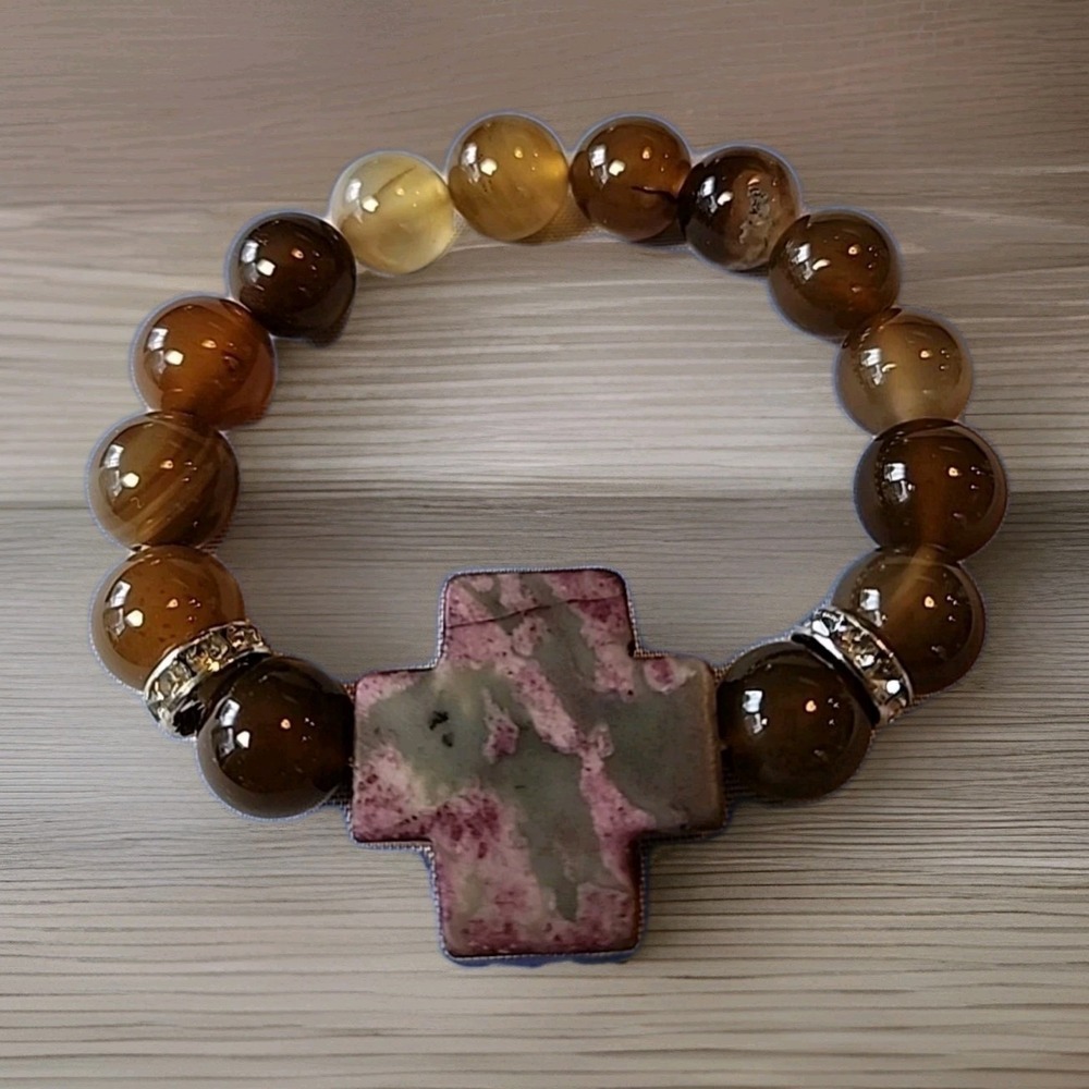 Natural Polished Agate Bracelet Stones, Cross, Silver & Cubic Charms Christian